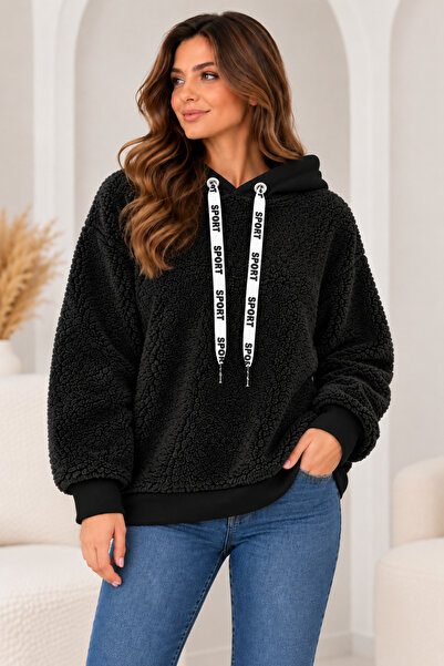 CNR TEKSTİL Women's Plush Textured Hooded Oversize Sweatshirt