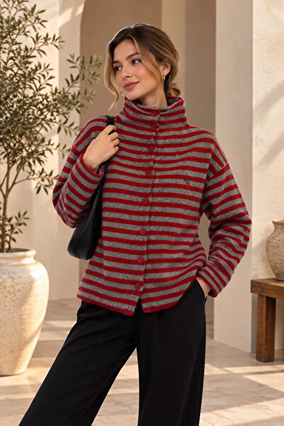 Şeker Portakalım Women's Stand Collar Striped Buttoned Knitted Cardigan