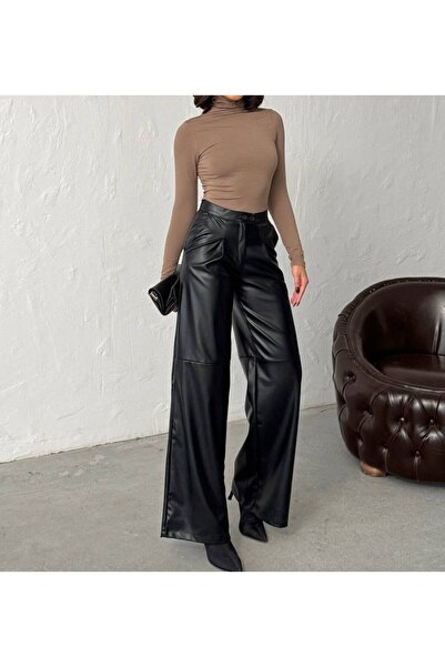 VELLMORA Leather Inside Velvet Palazzo Trousers with Pockets