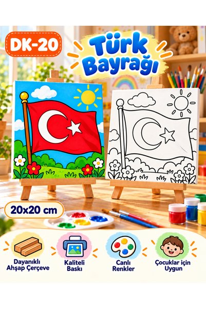 DEKORYAN Türk Bayrağı Çocuk Boyama Tuvali 20x20 cm – Ahşap Çerçeveli Kanvas