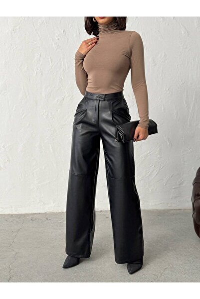 VELLMORA Leather Inside Velvet Palazzo Trousers with Pockets