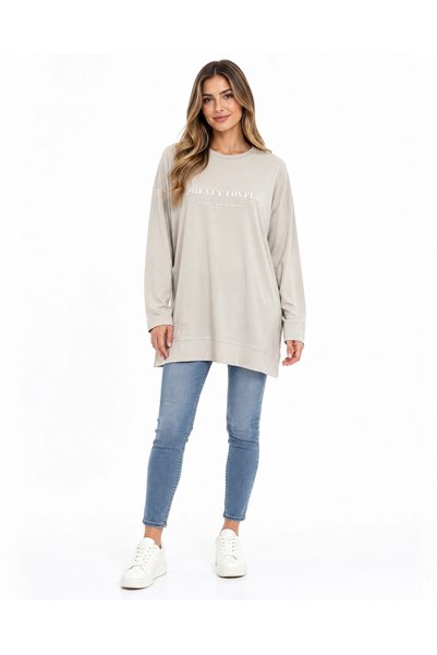 İkoll Kadın Bisiklet Yaka Yazı Baskılı Düşük Omuzlu Oversize Sweatshirt BEJ
