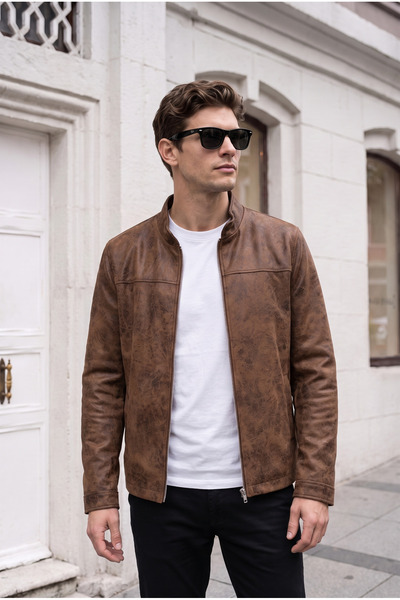 BASEL.CO Slim Fit Basic Dik Yakalı Napa Deri Ceket
