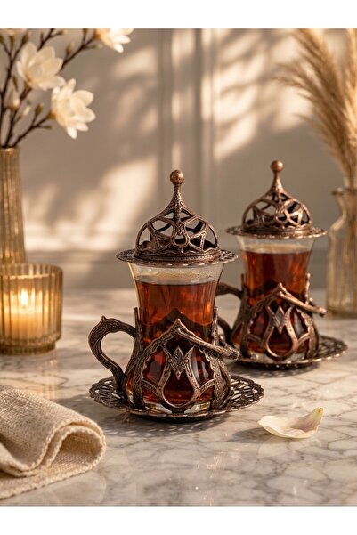 Generic Brand Turkish Tea Set 6 Glass Cups with Lids, Copper Holders & Saucers | Antique Red Luxury Design | Handmade in Turkey