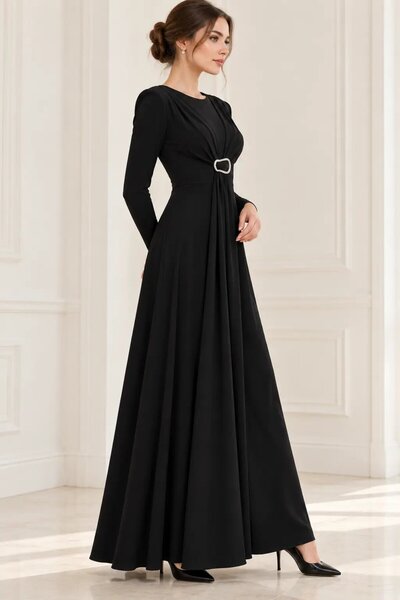 hazelin Women's Black Crew Neck Buckle Draped Long Sleeve Dress Hzl28W-Wm572