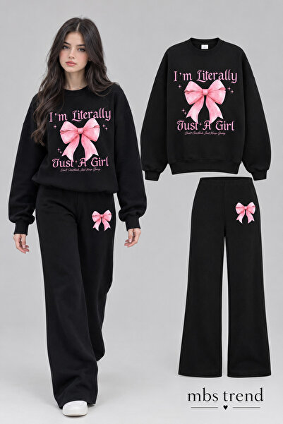 Kids Winter Girl's Black "I'M Literally Just a Girl" Ribbon Detailed Bottom T...