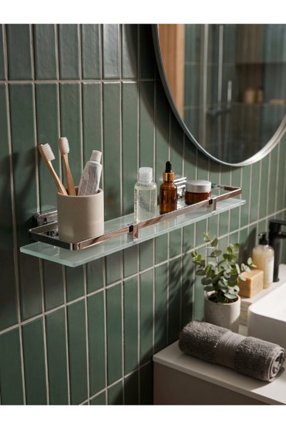 CLK BANYO Kumru Duvara Monte Şık Cam Banyo Etajeri | Krom Paslanmaz