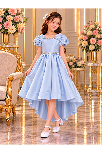 Generic Brand Sky Blue Girls Pageant Dress with Embossed Flowers and Puffy Sl...