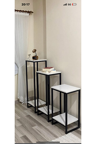 Modern Metal Profil Zigon Sehpa Seti - 3'lü Dekoratif Çiçeklik / Saksılık