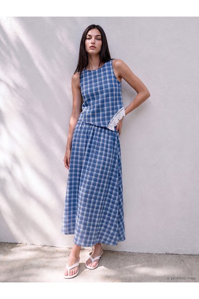 LC Waikiki Two Mt Shop Quality Soulife Blue Plaid Long Women's Skirt