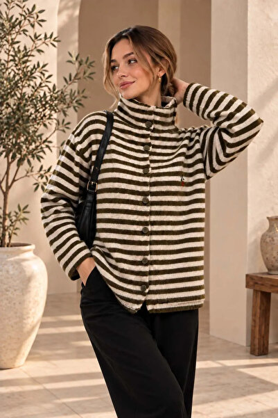 Şeker Portakalım Women's Stand Collar Striped Buttoned Knitted Cardigan