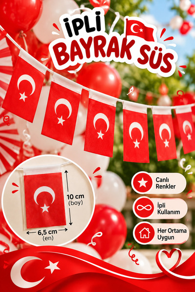 GÜLFAMİX Türk Bayrağı Baskılı İpli Dikdörtgen Flama Bayrak Süs 10*6,5 cm | Re...