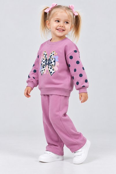 Beray Bebe Girl's Bowknot Printed Polka Dot Oversize Three-Thread Ruffled Sweatshirt Wide-Leg Pants Set