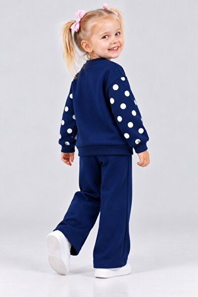 Beray Bebe Girl's Bowknot Printed Polka Dot Oversize Three-Thread Ruffled Sweatshirt Wide-Leg Pants Set