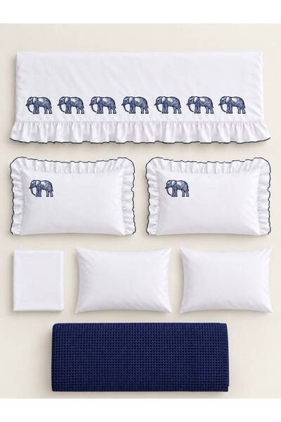 İK TEKSTİL Knitwear Blanket Navy Blue Elephant Embroidered 100% Cotton Double 7-Piece Duvet Cover Set
