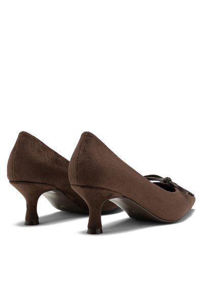 livendi Mi̇ra Women's Brown Suede Look Bow and Knitted Detail Pointed Toe 5.5 cm Heeled Shoes