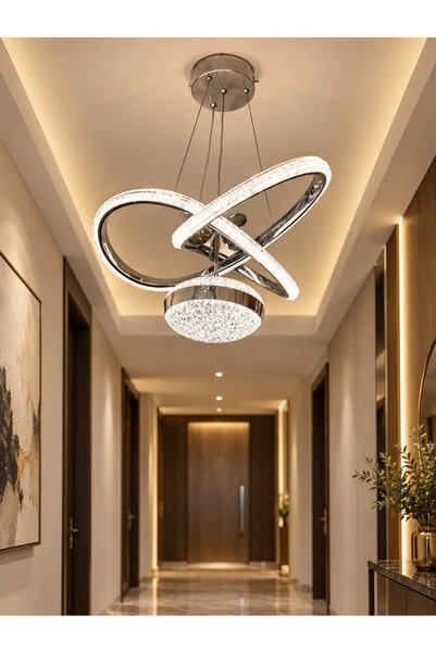 Lumora Hayal Modern LED Avize 3 Renk Tek Top Kristal Detaylı Şık Salon ve Mutfak Avizesi