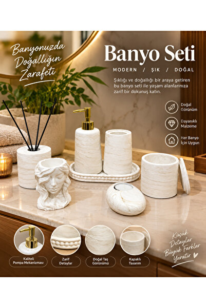 ALPİ HOME bej mermer desenli 7’li banyo seti