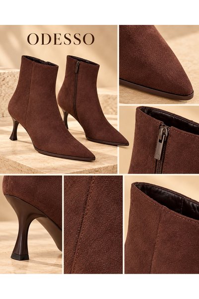 ODESSO Women's Suede Pointed Toe Thin Goblet Heeled Zippered Boots Short Ankle Stylish Heeled Boots (Brown-Black-Beige)