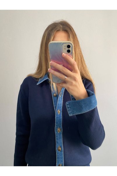 Niceboutique كارديجان من الستيل مع تفاصيل من الدنيم