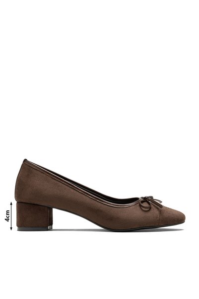livendi Bella Women's Brown Suede Bow Detailed Round Toe 5.5 cm Short Thick Heeled Shoes