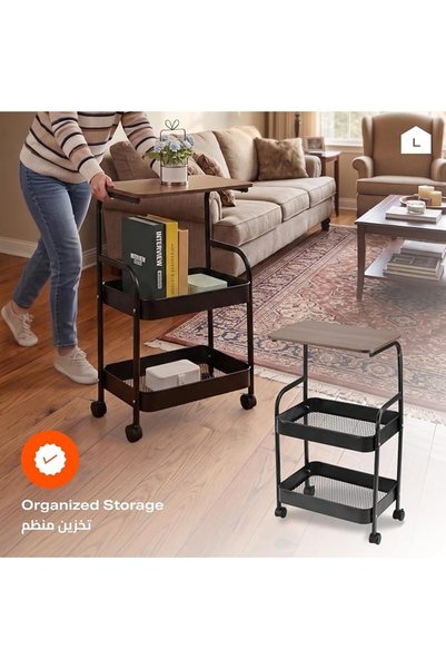 Lawazim Rolling Side Table with Storage Basket - Black and Brown - 42x29x77cm 3 Tier Printer Utility