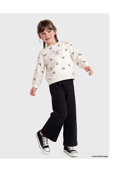 LC Waikiki Lcw Kids Ecru Crew Neck Bow Patterned Girls' Thick Set