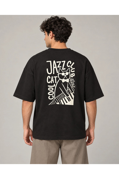 CANMODA Μαύρο μπλουζάκι Unisex με στάμπα Cool Cat Jazz Club