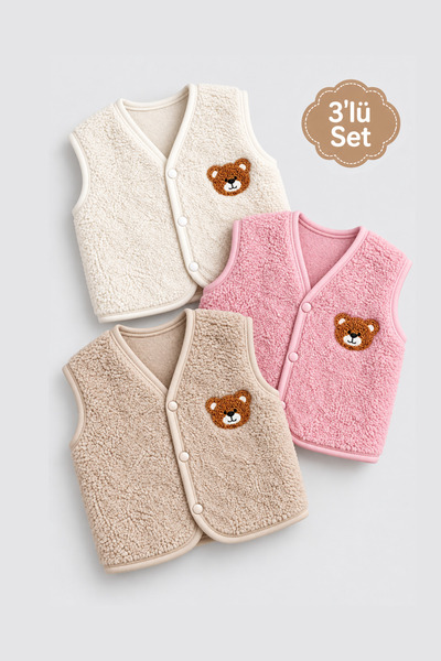 caddekids 3’lü Kuzu Welsoft Bebek Yelek Seti Ayıcık Nakışlı Çıtçıtlı Yumuşak ...