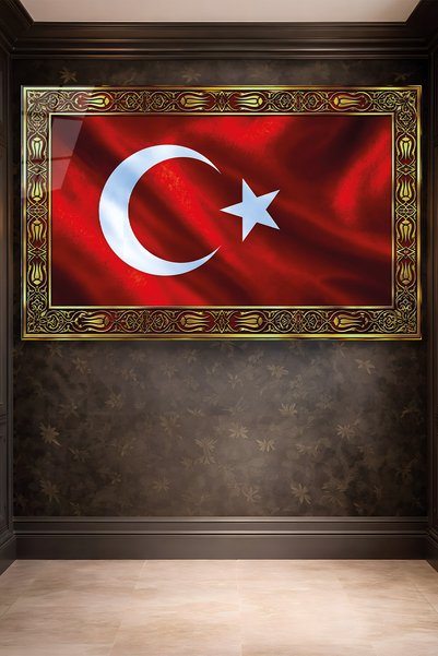 AltmışAltı Osmanlı Tezhip Modern Türk Bayrağı Lüks Makam Ve Ofis Odası Cam Tablo