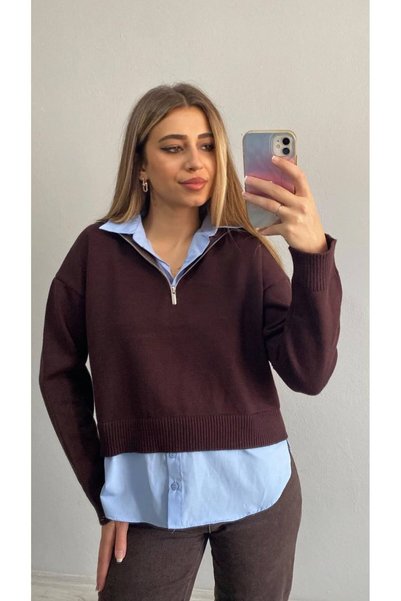 Niceboutique سترة تريكو ناعمة الملمس مع تفاصيل قميصية
