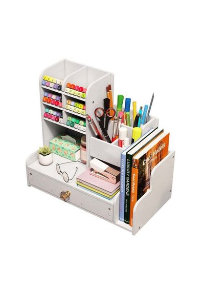 Generic MaBaby Pen Holder Desktop Stationary Organizer with Drawer DIY White ...