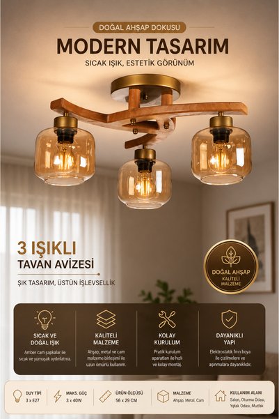 Skandi Lighting Skandi Gilda 3'lü Naturel Bal Camlı Plofonyer Avize