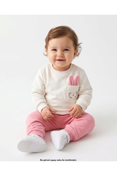 Ege Bebek Girl's Seasonal Thin 2-Thread Top and Bottom Set with Rabbit Ear De...