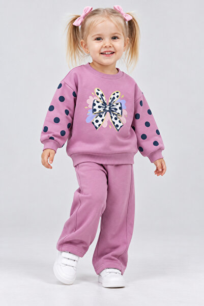 Beray Bebe Girl's Bowknot Printed Polka Dot Oversize Three-Thread Ruffled Swe...
