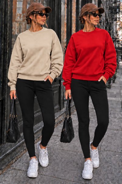 clothes 33 طقم من قطعتين برقبة دائرية للشتاء بدون طباعة للنساء / الرجال موديل...