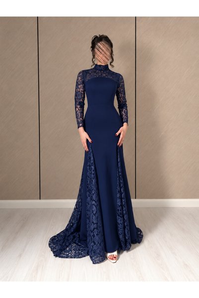 elin Women's Navy Blue Long Evening Dress Lace Sleeve Tail Evening Dress