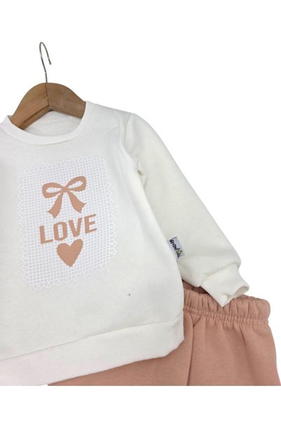 voyyo kids baby Girl's Love Printed 1-2-3-4 Years Old Winter 3 Threaded Rastered 2-Piece Top and Bottom Tracksuit Set