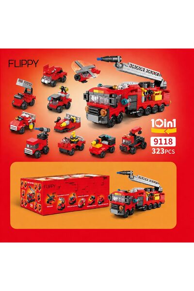 Flippy Set de Constructie, Flippy, Vehicule de Pompieri si Salvare 10 in 1, 323 Piese, 10 Modele, Varsta 6+ Ani, 23.5 x 15 x 7.5 cm, Multicolor