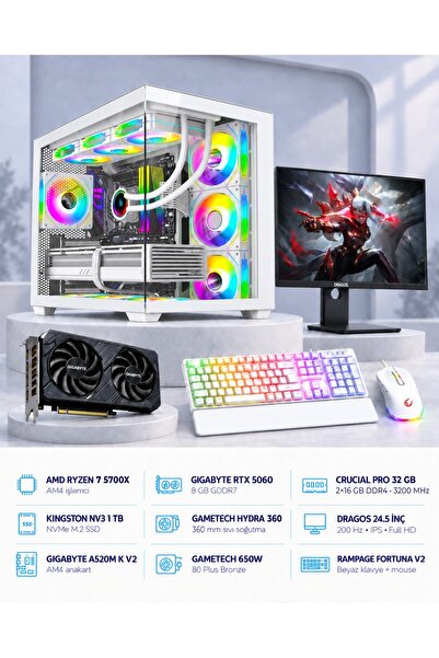 Ryzen 7 5700X RTX 5060 8GB 32GB RAM 1TB SSD 360mm Sıvı Soğutmalı 24.5" Monitörlü Prime V2 Kasa