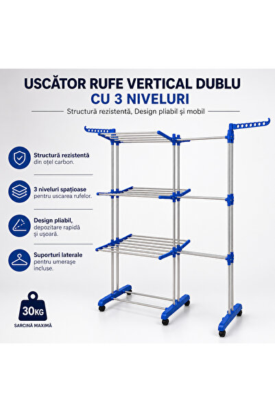 SHOPPINO Uscător de rufe vertical, 4 niveluri, dublu, pliabil, pentru utiliza...