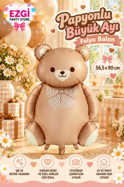 Ezgi Party Store Papyonlu Karamel Büyük Ayı Folyo Balon 56,5 x 90 cm Retro Ay...