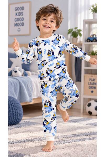 KOZADANKIDS Boy's Dog Patterned Blue Pajama Set Cotton Home Wear