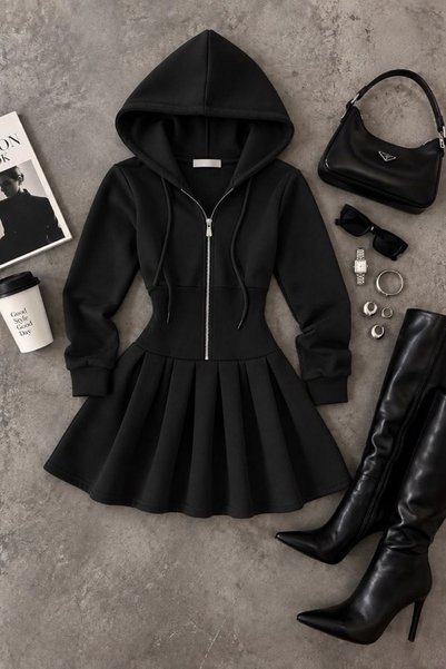 Generic Brand 2 Threaded Hooded Zipper Flared Mini Dress