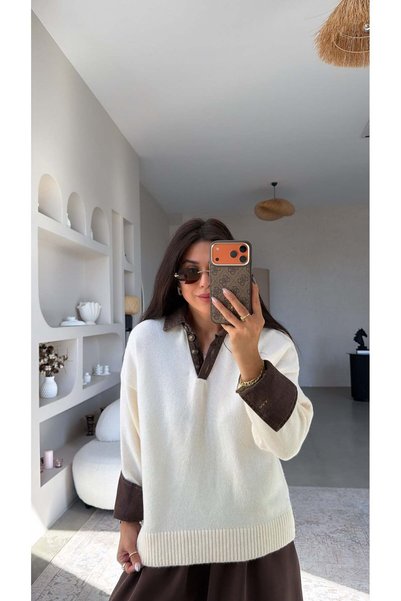 Buket Teke Cream Brown Denim Detailed Collared Sweater