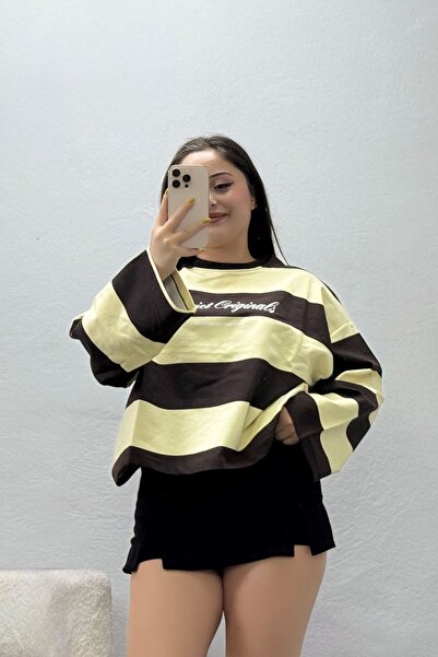 BELENDİR Women's 2 Thread Printed Striped Sweatshirt Brown