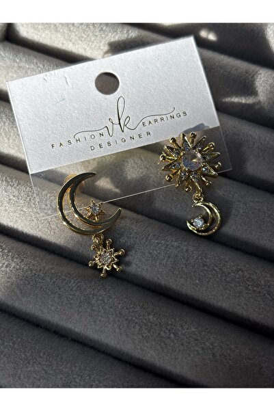 MODA Gold Color Zircon Stone Detailed Moon and Sun Figured Charm Dangle Earrings