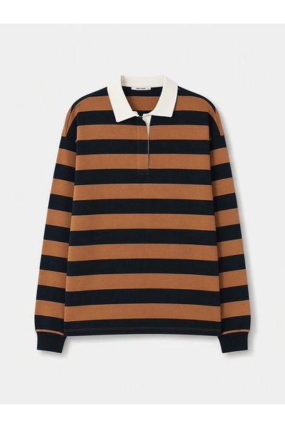 LC Waikiki Brown Polo Collar Striped Women's Sweatshirt
