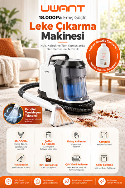 Halı ve Koltuk Yıkama Makinesi, 18.000Pa Güçlü Emiş, 600W Motor Gücü, Leke ve Sıvı Temizleme, Çift 1,2 L Su Haznesi, Otomatik Boru Temizleme, Araç İçi ve Kumaş Yüzeyler İçin