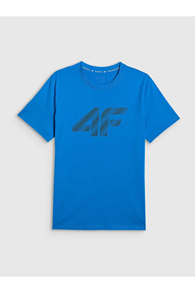 4F Tricou de bărbați albastru din bumbac cu logo mare, croială regulară, stil...